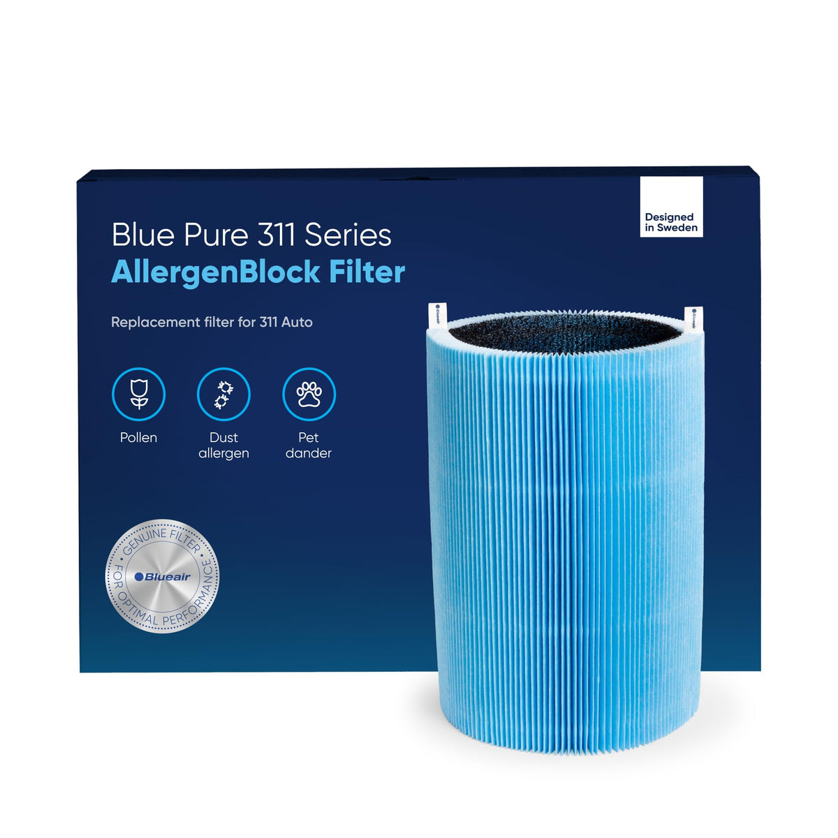 Blueair Blue Pure 311 AllergenBlock filter showing enhanced allergen protection for allergy relief.