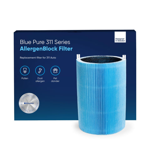 Blueair Blue Pure 311 AllergenBlock filter showing enhanced allergen protection for allergy relief.