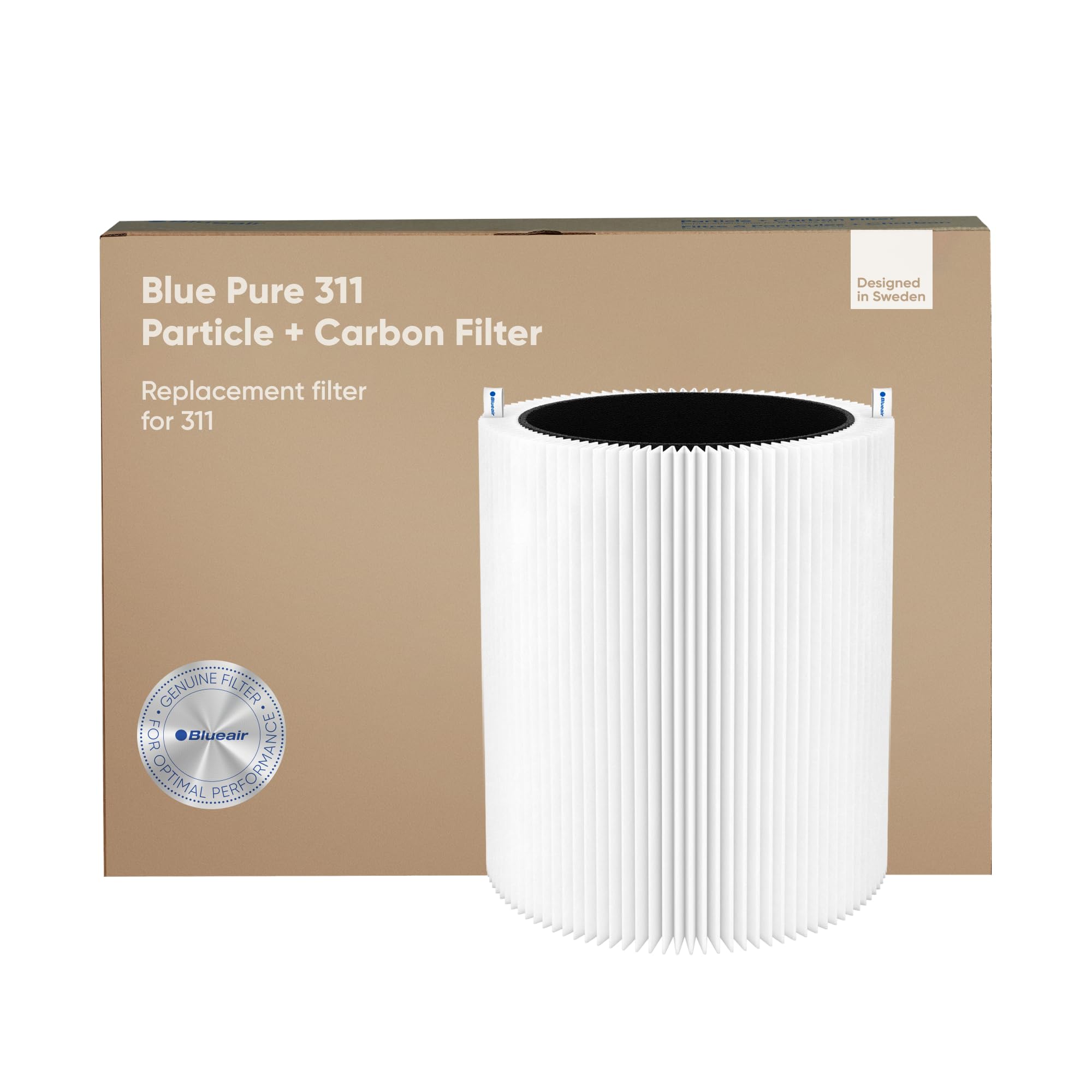 Blueair Blue Pure 311 replacement filter front view showing particle and carbon layers for clean air.