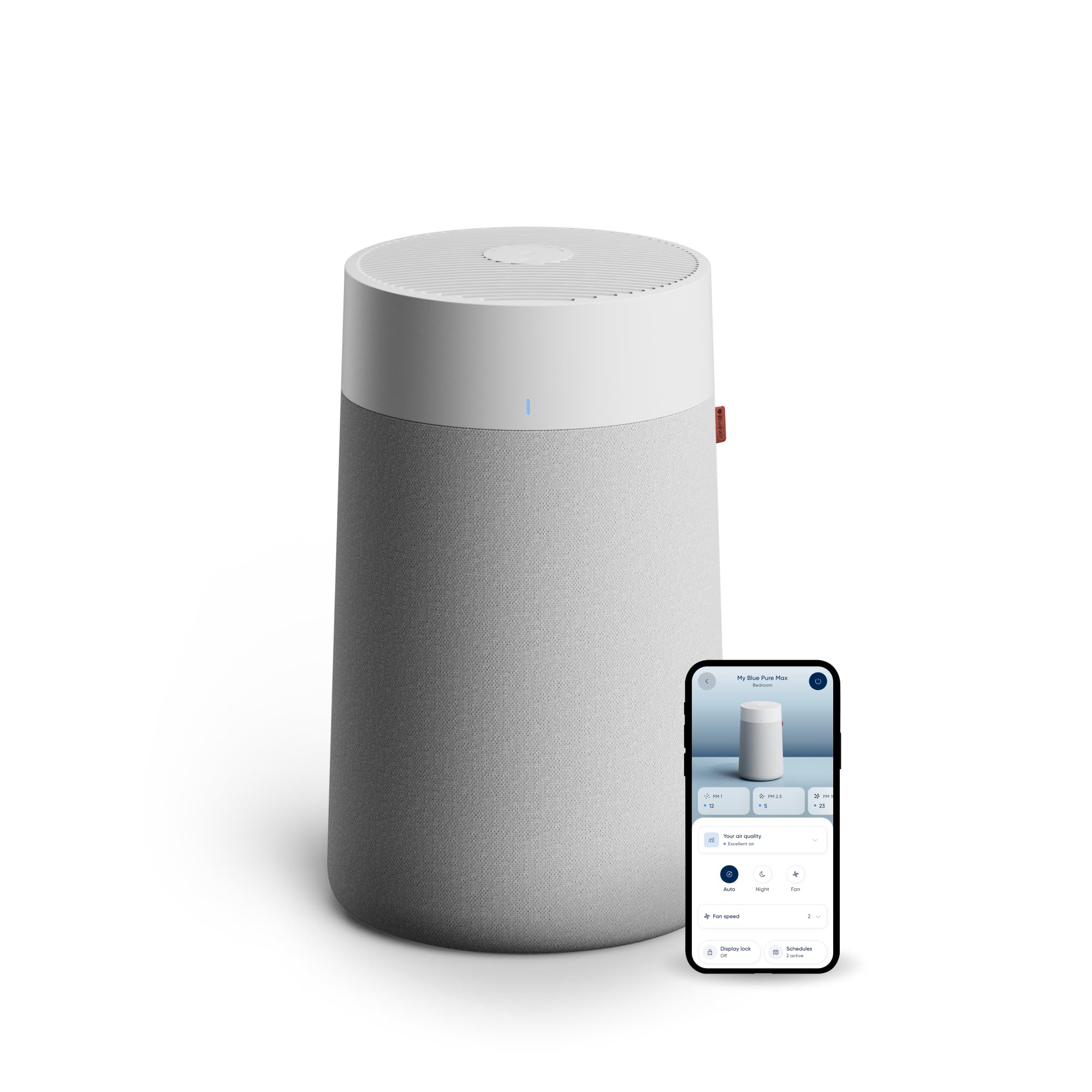 Blueair Blue Pure 311i Max front view delivering clean air for bedrooms.