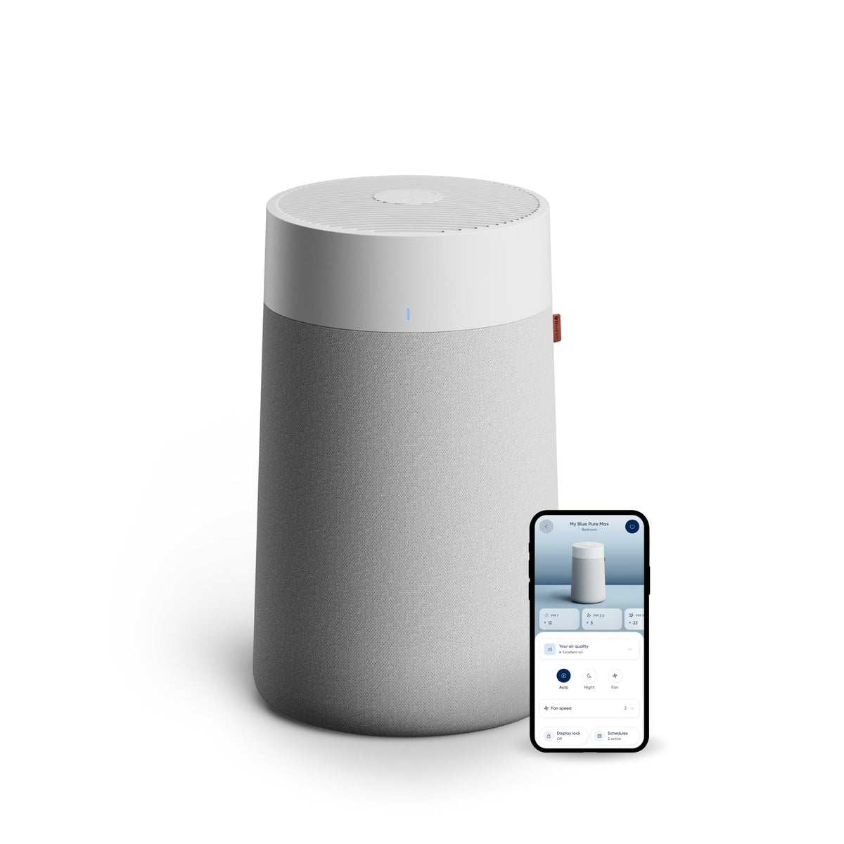 Blueair Blue Pure 311i Max front view delivering clean air for bedrooms.