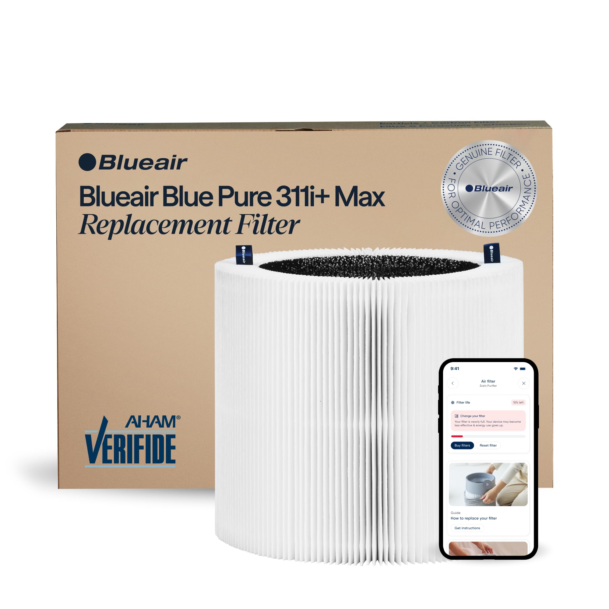 BLUEAIR Blue Pure 311i+ Max filter packaging for genuine replacement ensures optimal performance.