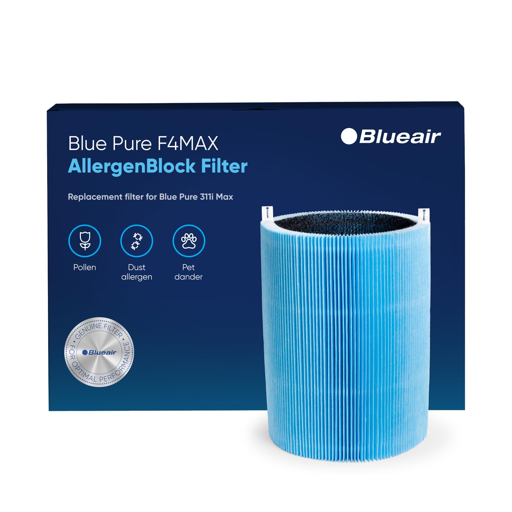 Blueair Blue Pure 411 Max AllergenBlock filter front view reduces pollen and pet dander