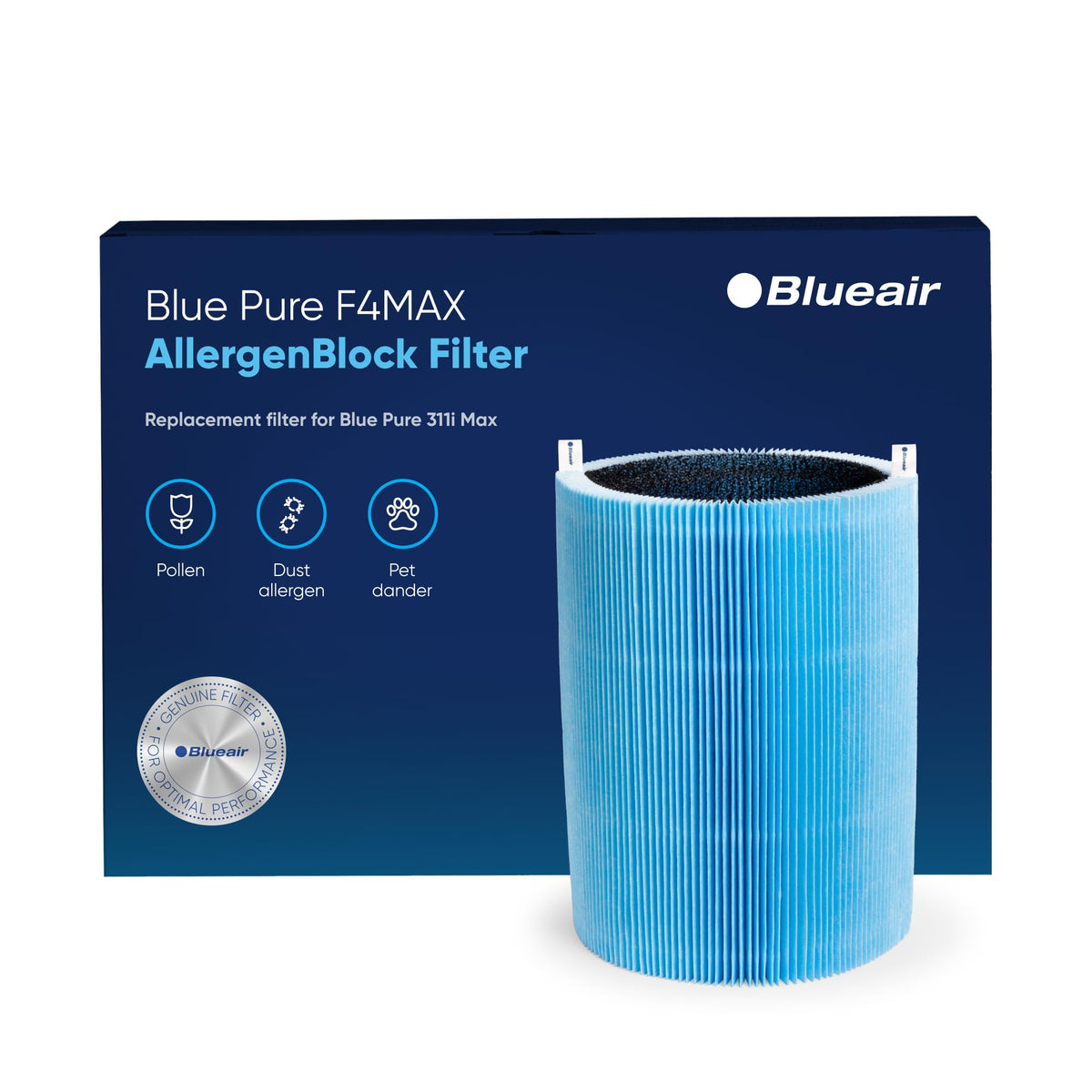 Blueair Blue Pure 411 Max AllergenBlock filter front view reduces pollen and pet dander