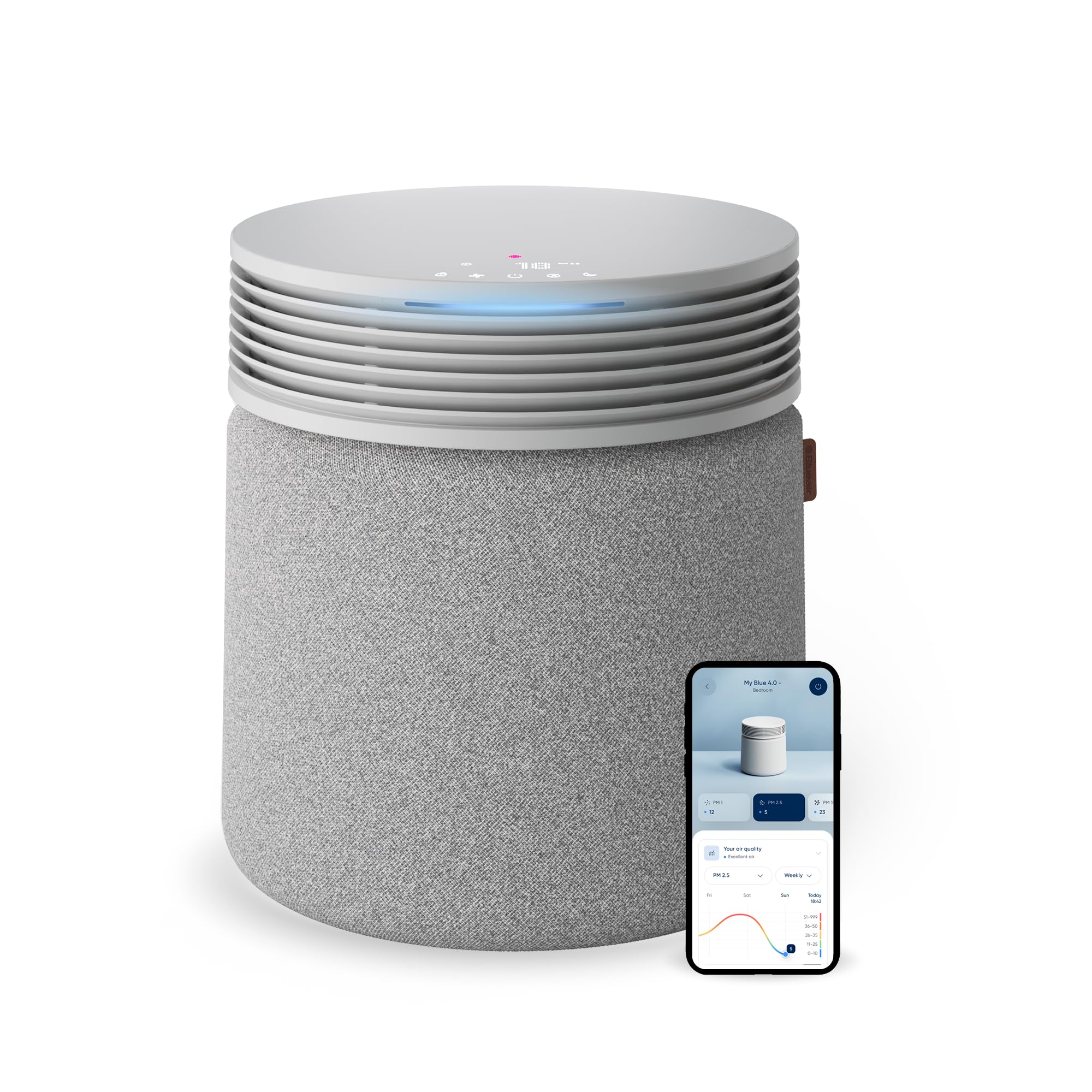 Blueair Blue Signature air purifier in a spacious living room for large spaces.