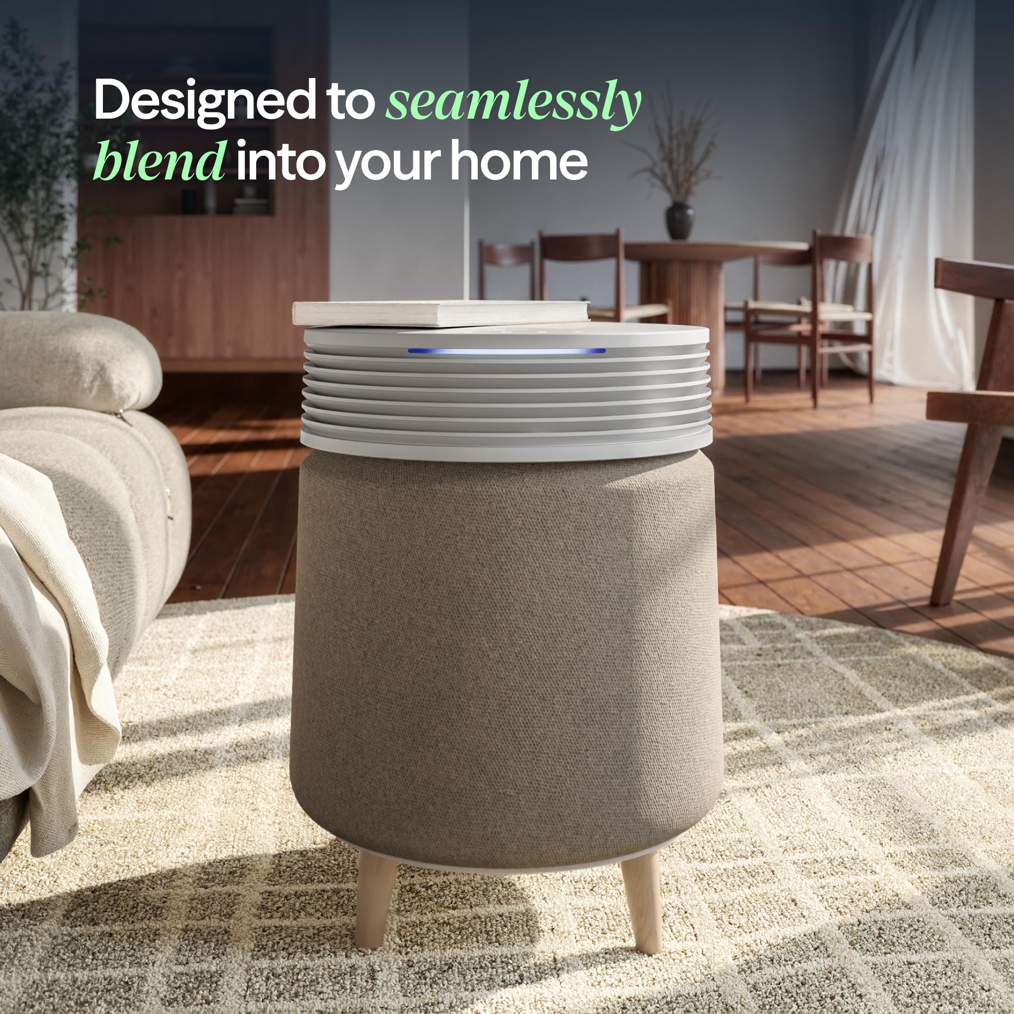 Blueair Blue Signature Large Wooden Leg Base in room setting.