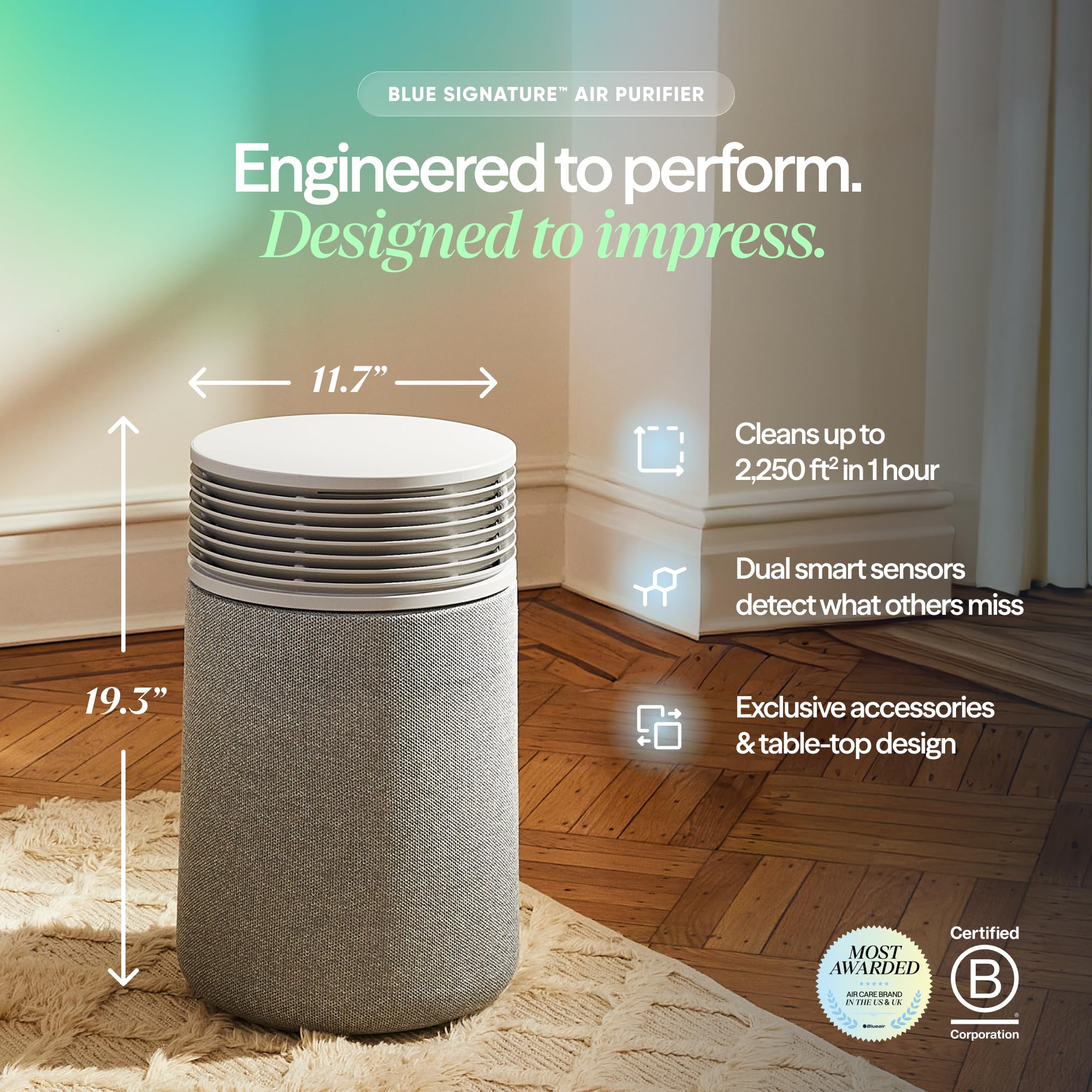 Blueair Blue Signature SP3i side view highlights space-saving purification