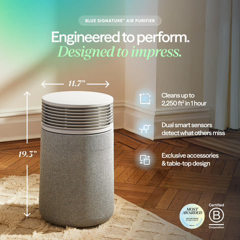 Blueair Blue Signature SP3i side view highlights space-saving purification