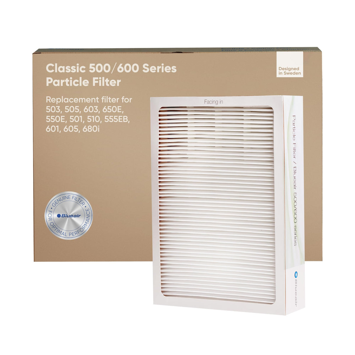 BLUEAIR Classic replacement filter close-up showing bonded media for pollutant removal.