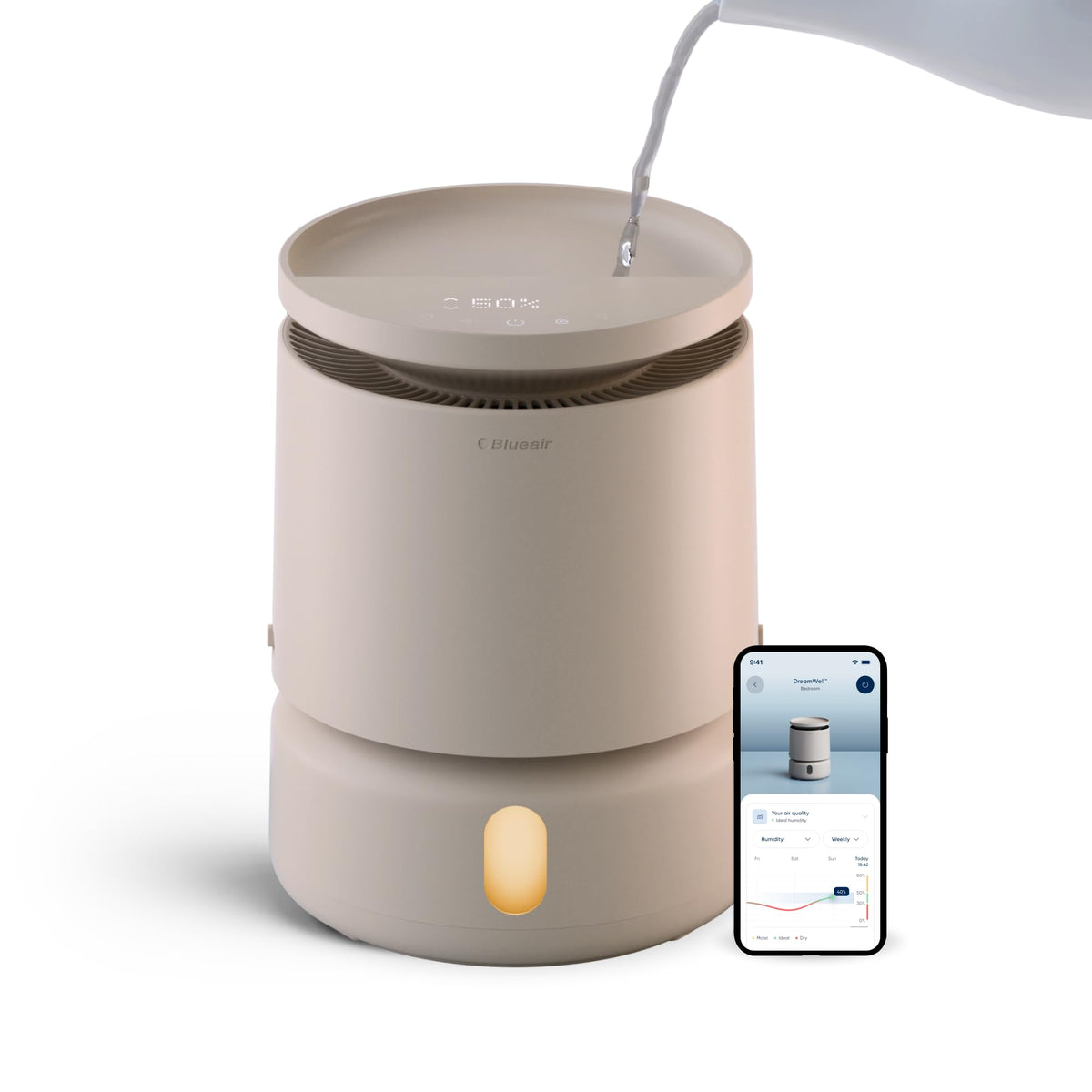 BLUEAIR DreamWell humidifier front view with balanced humidity for large rooms