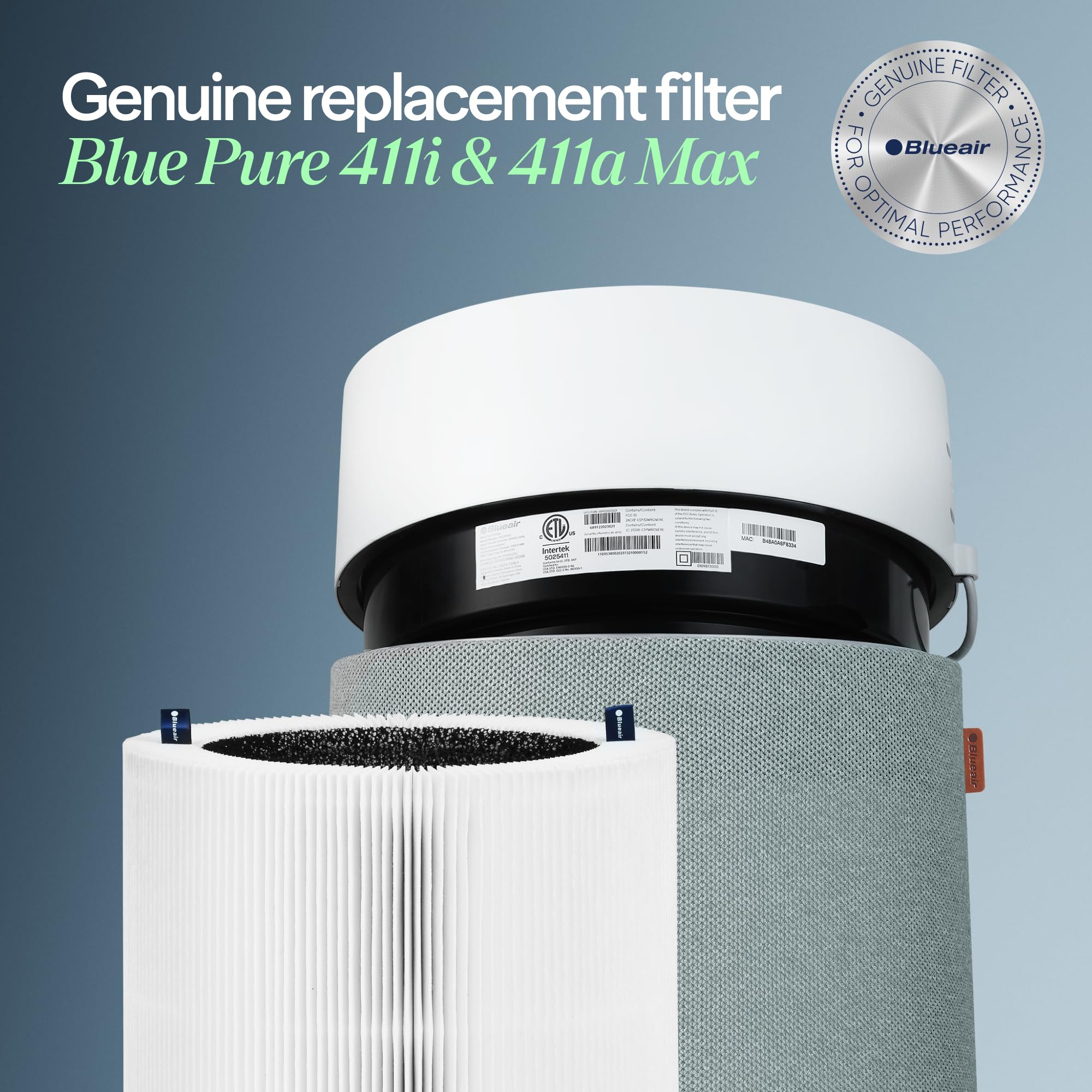 Blueair genuine filter for Blue Pure 411a Max shown for efficient air cleaning in busy spaces.