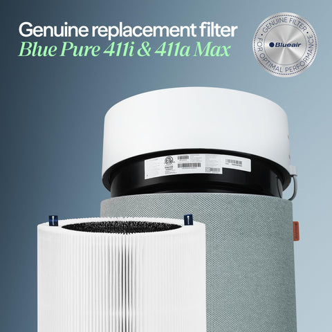 Blueair genuine filter for Blue Pure 411a Max shown for efficient air cleaning in busy spaces.