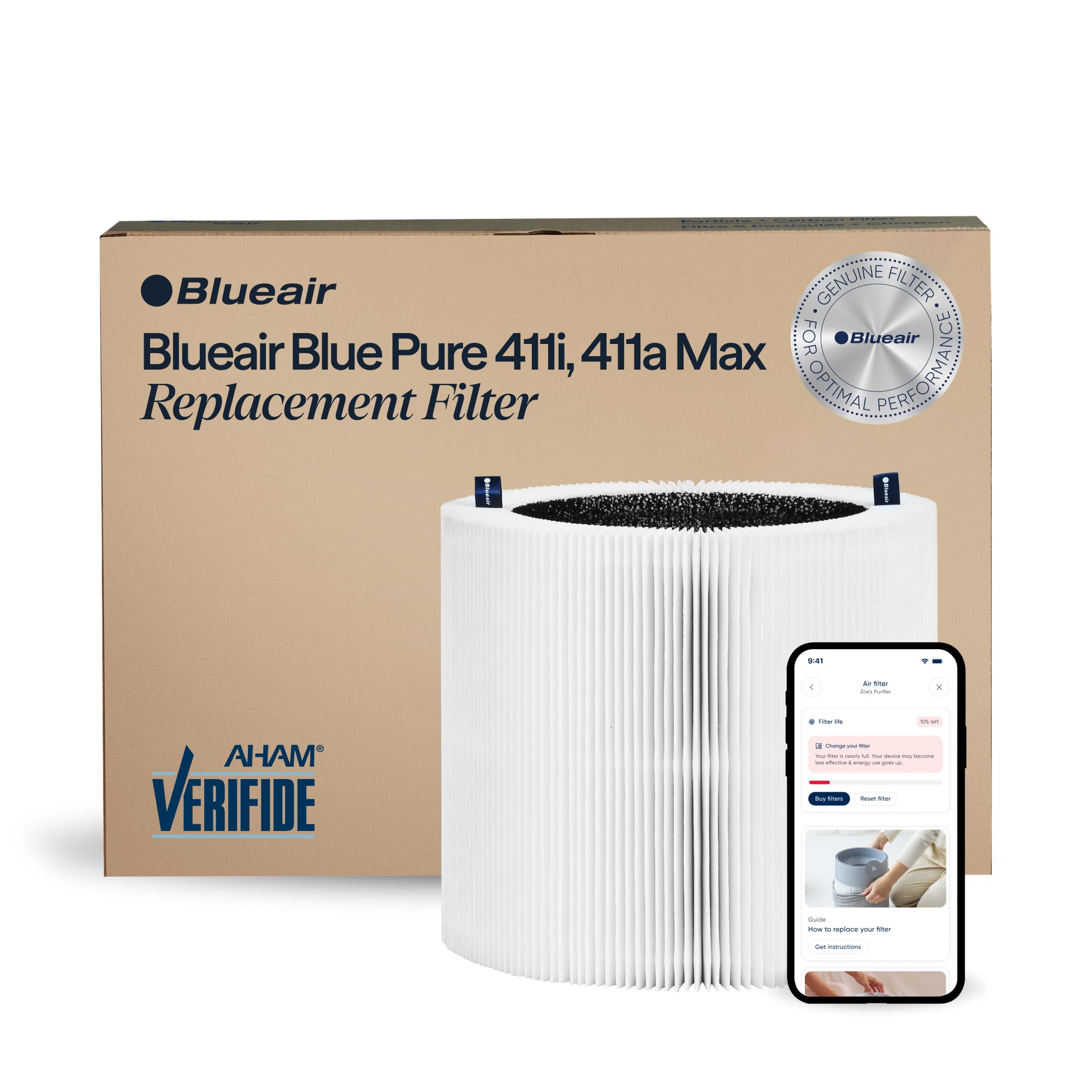 Blueair genuine filter for Blue Pure 411i Max shown for optimal purifier performance.