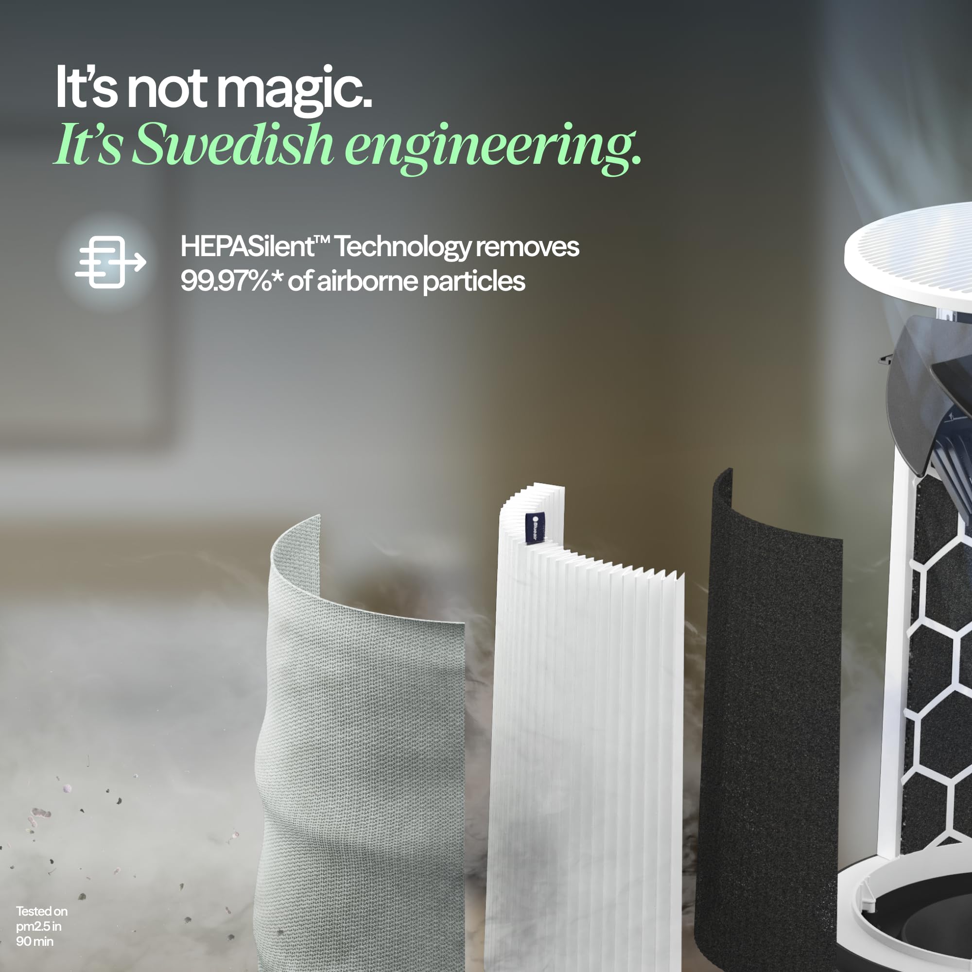 Blueair HPASilent technology close-up demonstrating quiet, efficient filtration.