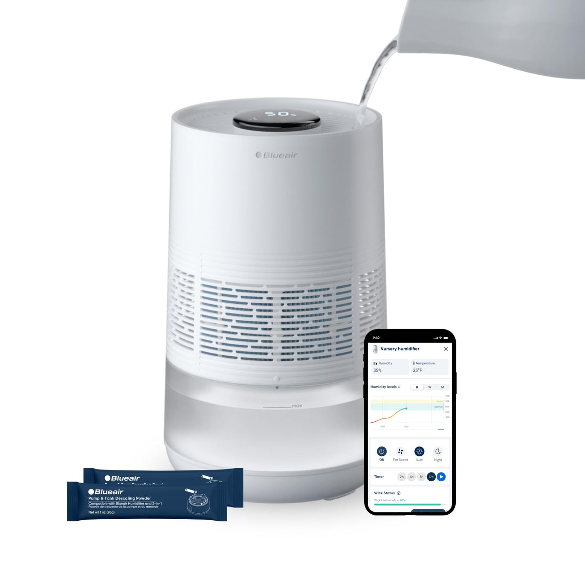 BLUEAIR InvisibleMist 360deg humidifier evenly humidifies large rooms for comfort.