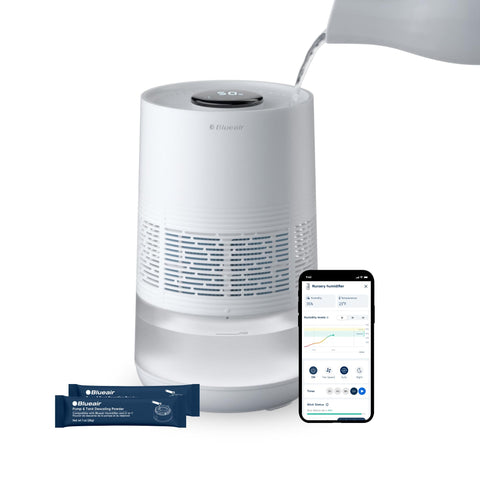 BLUEAIR InvisibleMist 360deg humidifier evenly humidifies large rooms for comfort.