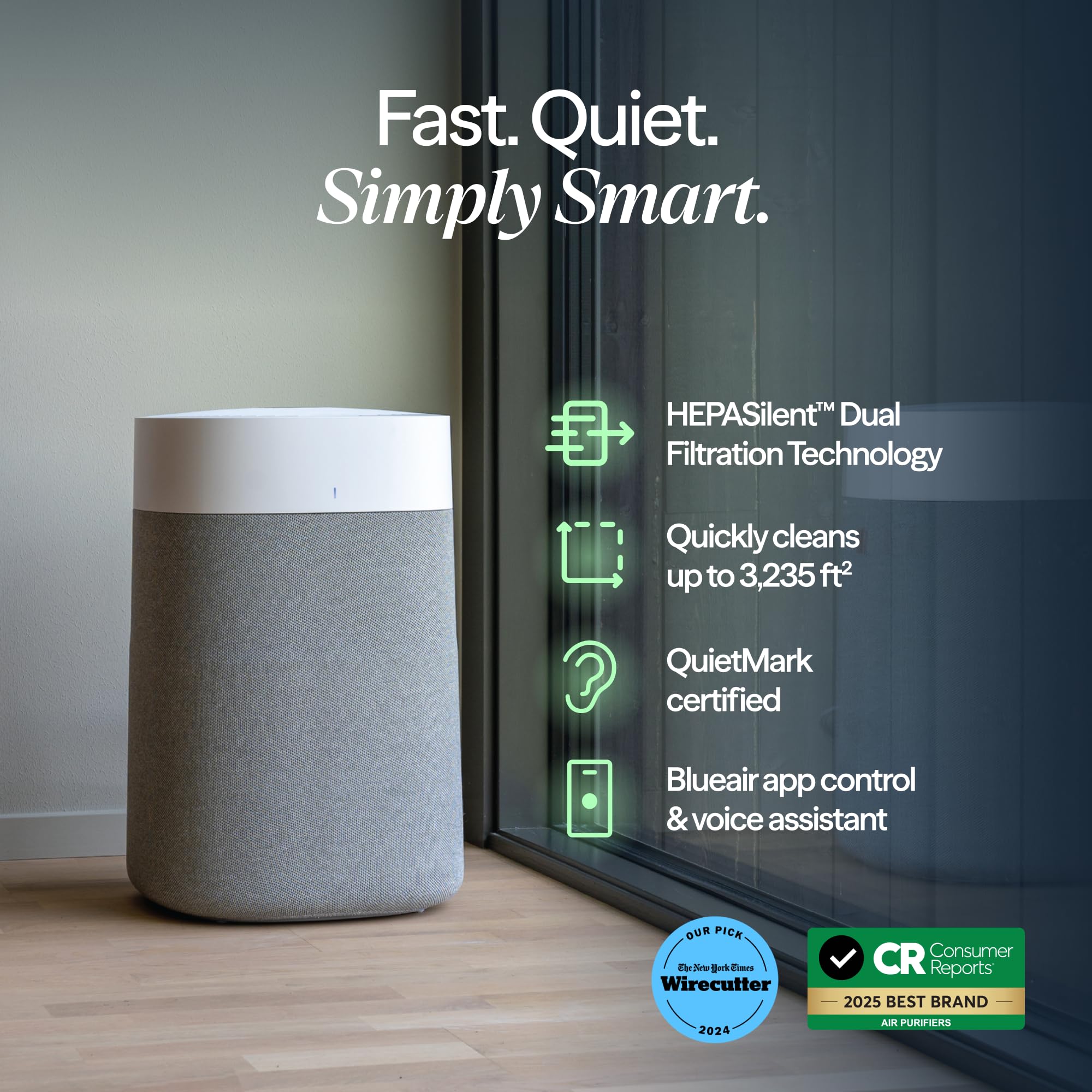 Blueair Pure Max top view highlights compact footprint for discreet placement.