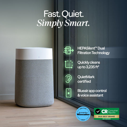 Blueair Pure Max top view highlights compact footprint for discreet placement.