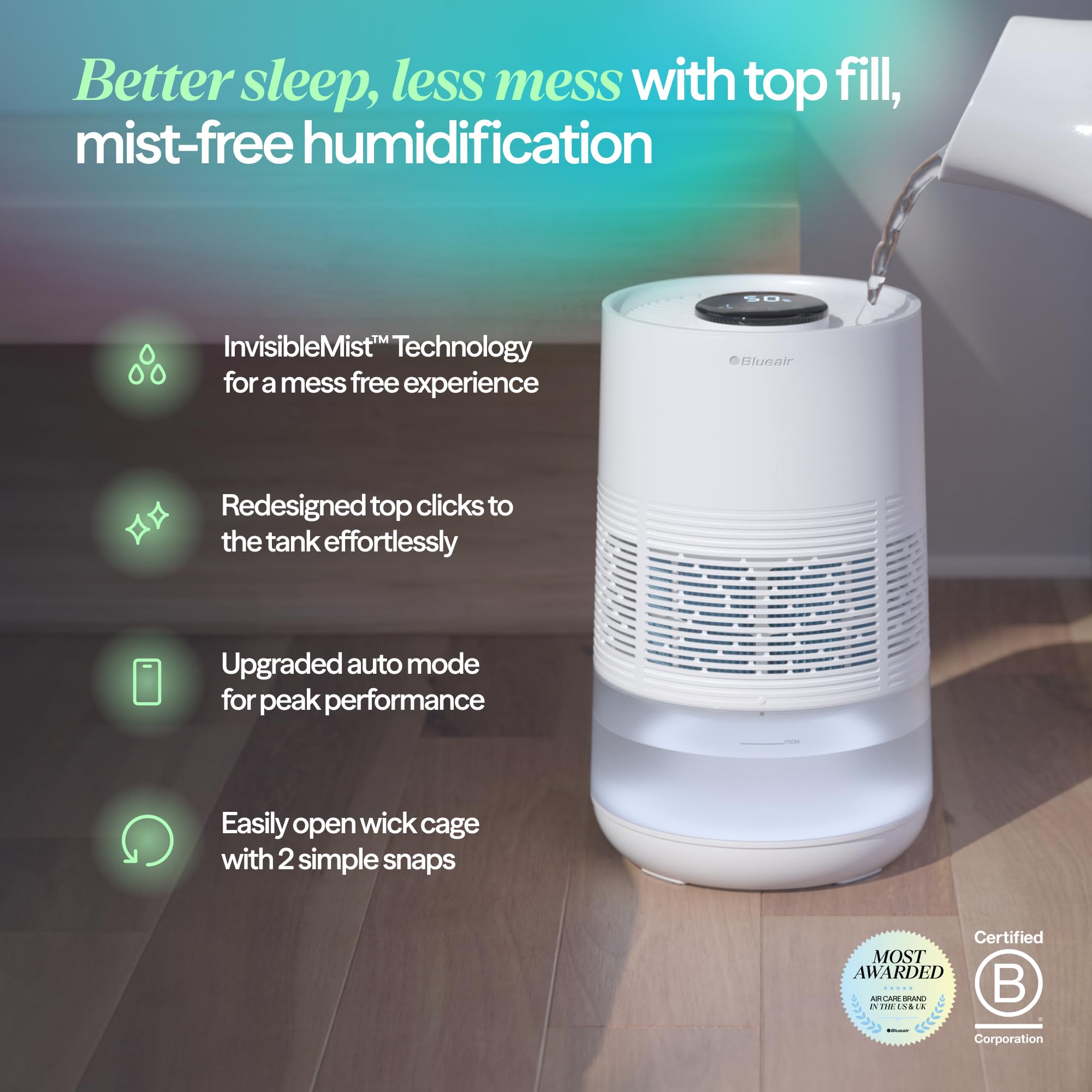 BLUEAIR Top-fill system simplifies refills and maintenance.