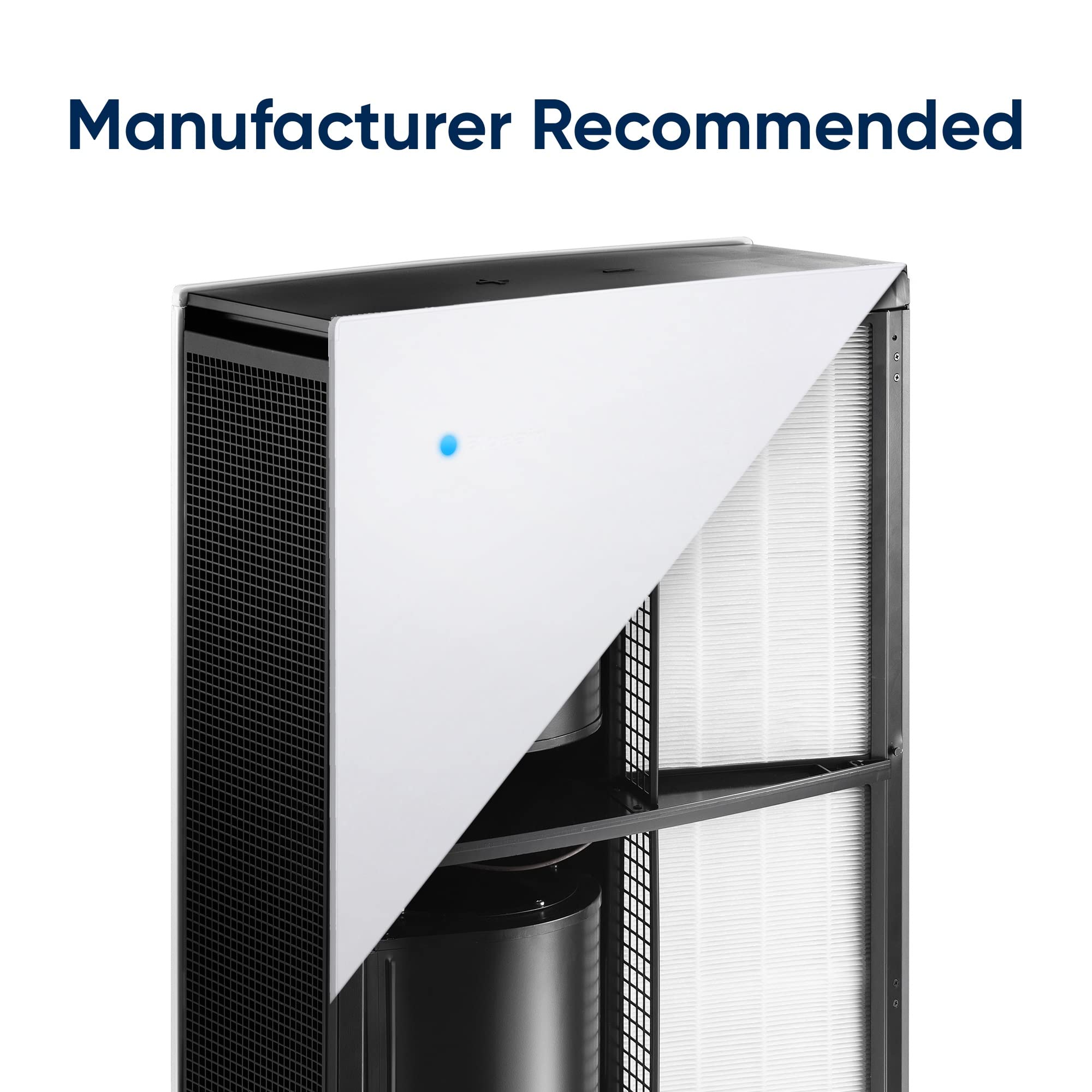 Blueair 0.1 micron filtration closeup communicates high-purity air capture.