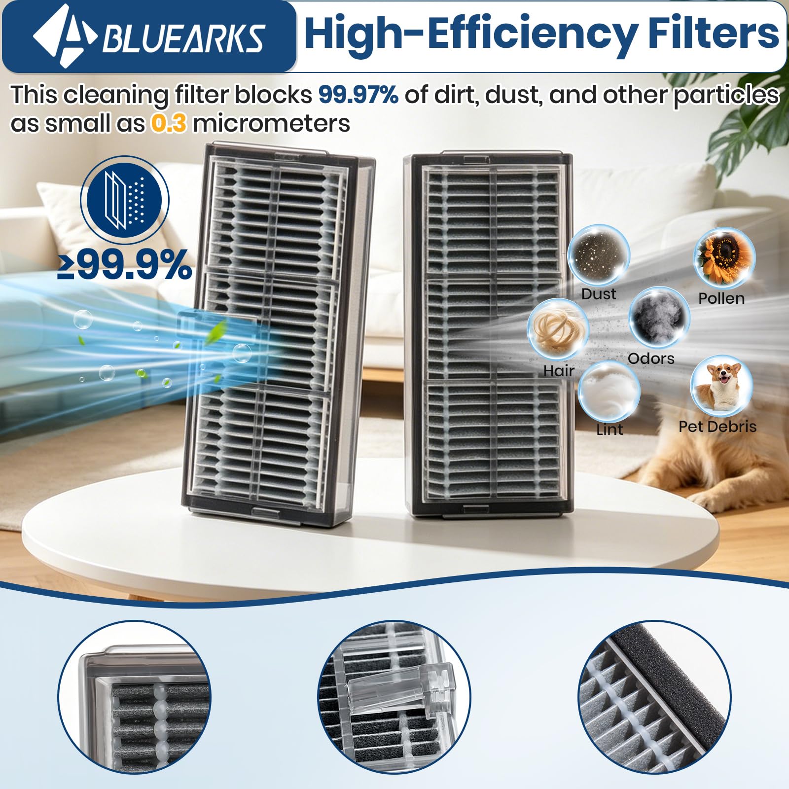 Bluearks side brushes reach corners effortlessly for edge-to-edge cleaning