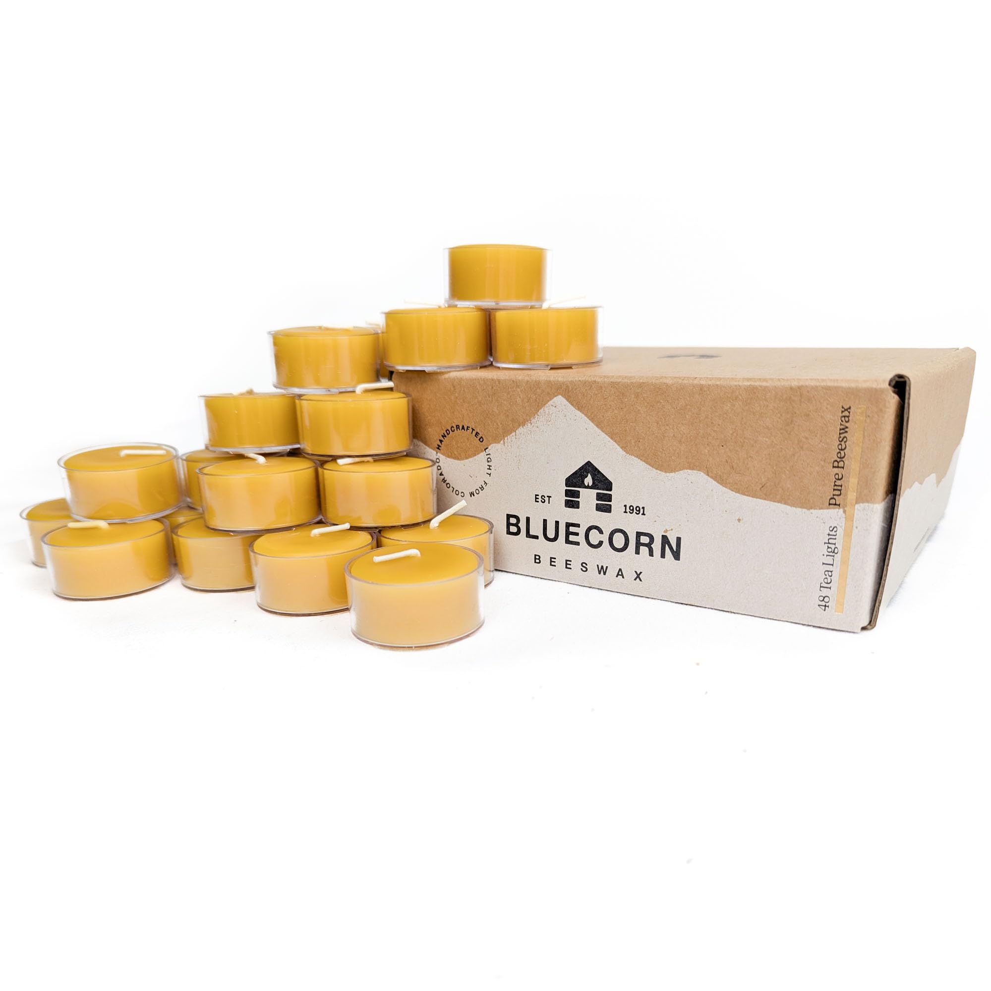 Bluecorn Beeswax tea light candle close-up showing natural wax and wick for clean ambiance.