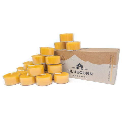 Bluecorn Beeswax tea light with yellow glow for warm ambience.
