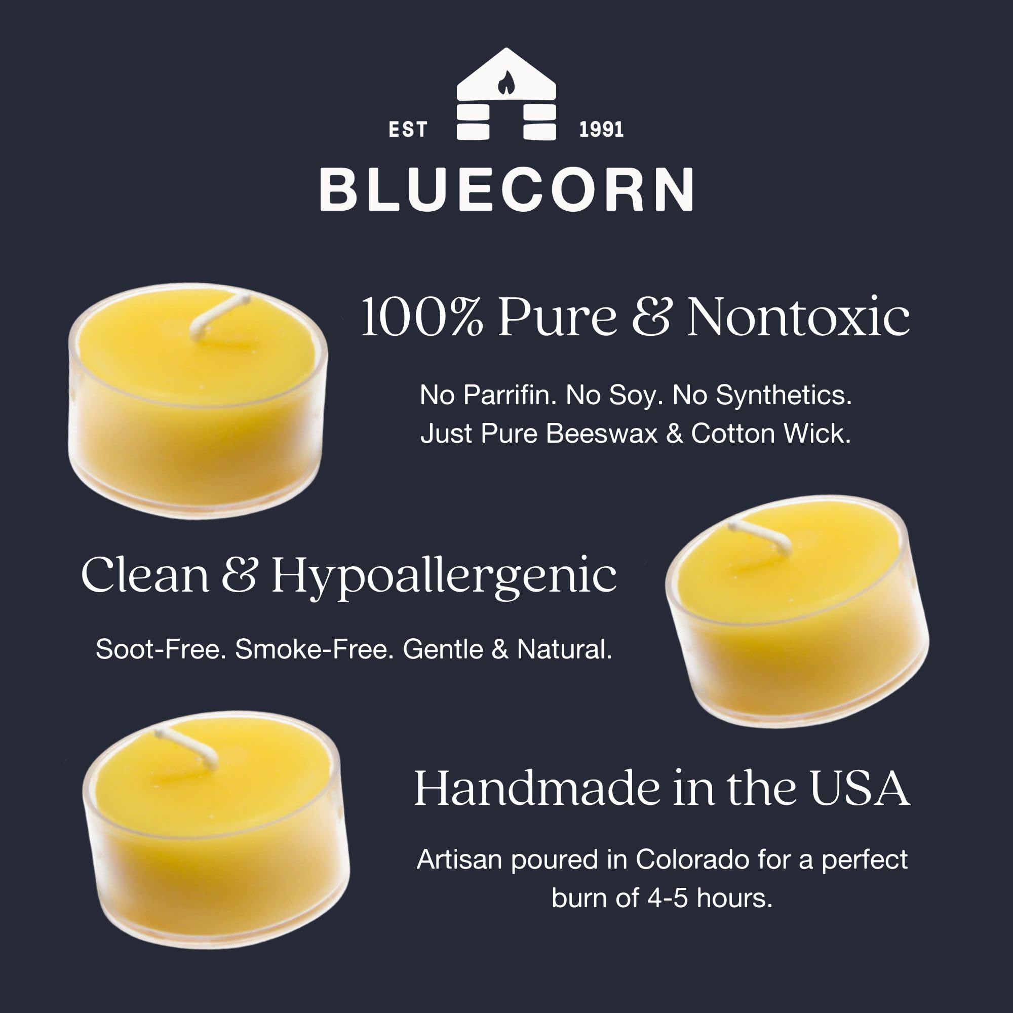 Bluecorn Beeswax tea light candle fragrance-free, ideal for fragrance-sensitive spaces and calm lighting.