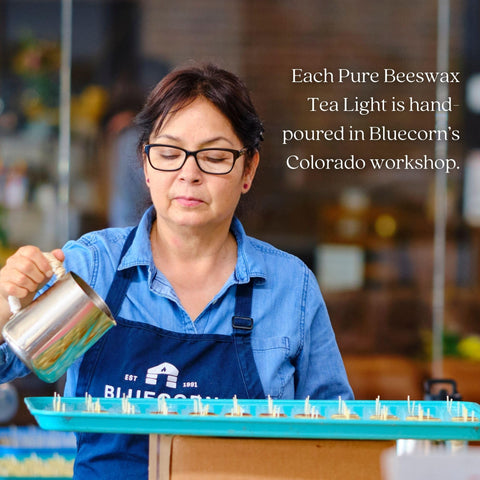 Bluecorn hand-poured tea light shows artisan process.