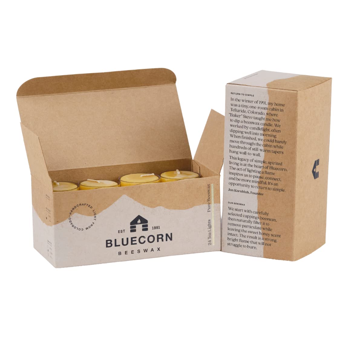 Bluecorn tea light offers 4–5 hour burn for extended ambiance.