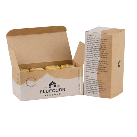 Bluecorn tea light offers 4–5 hour burn for extended ambiance.