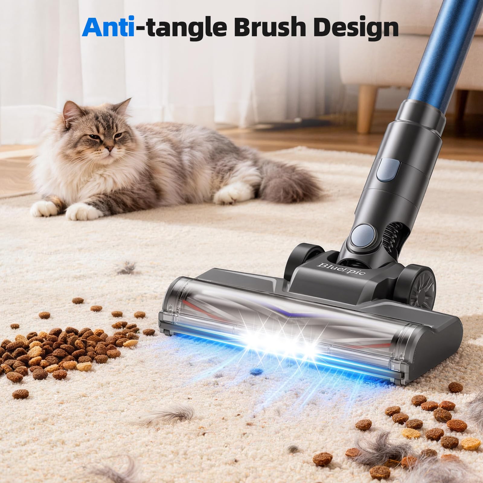 BlueEpic 1.5L dust cup with one-touch emptying for quick spills