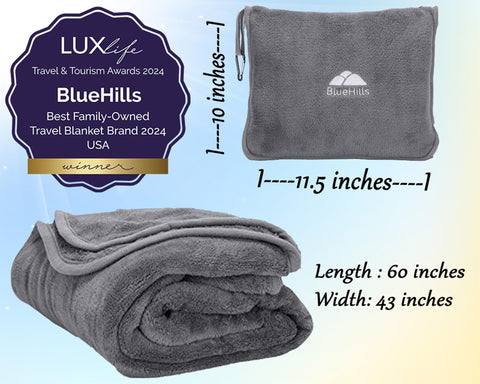 BlueHills blanket with backpack clip for secure on-the-go access.