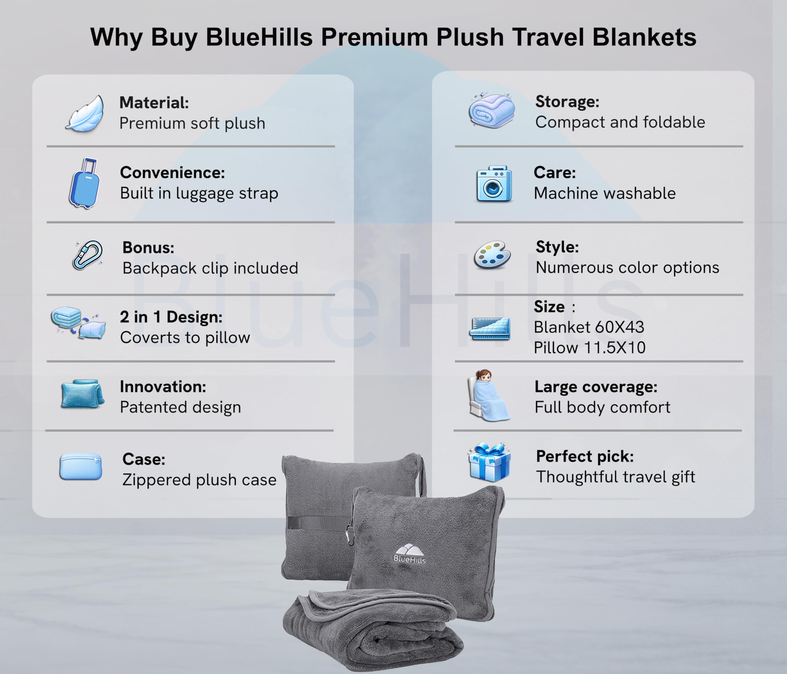 BlueHills blanket in pillow-case soft cover offering portable pillow support.