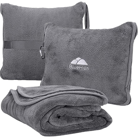 BlueHills premium soft travel blanket with micro plush for warm plane comfort.