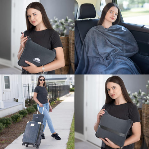 BlueHills travel blanket with hand luggage belt attachment for easy airport packing.