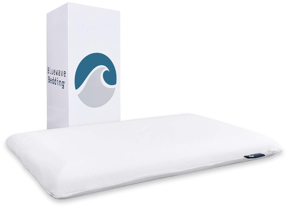Bluewave Bedding Hyper Slim pillow front view reveals its compact profile for stomach sleepers.