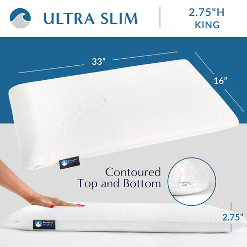 Bluewave Bedding Ultra Slim pillow, king front view, low-profile design supports neck alignment.