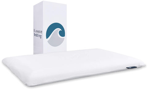 Bluewave Bedding Ultra Slim pillow, king side view, cooling gel memory foam for neck support.