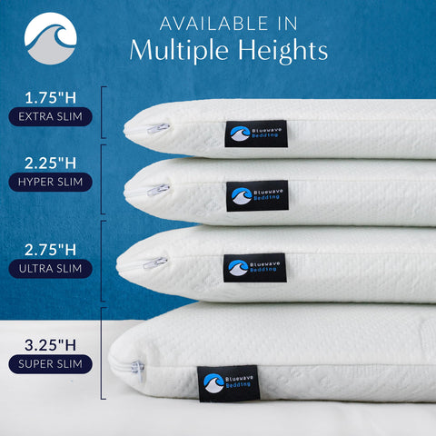 Bluewave Bedding Ultra Slim pillow with removable cover for easy cleaning and freshness.