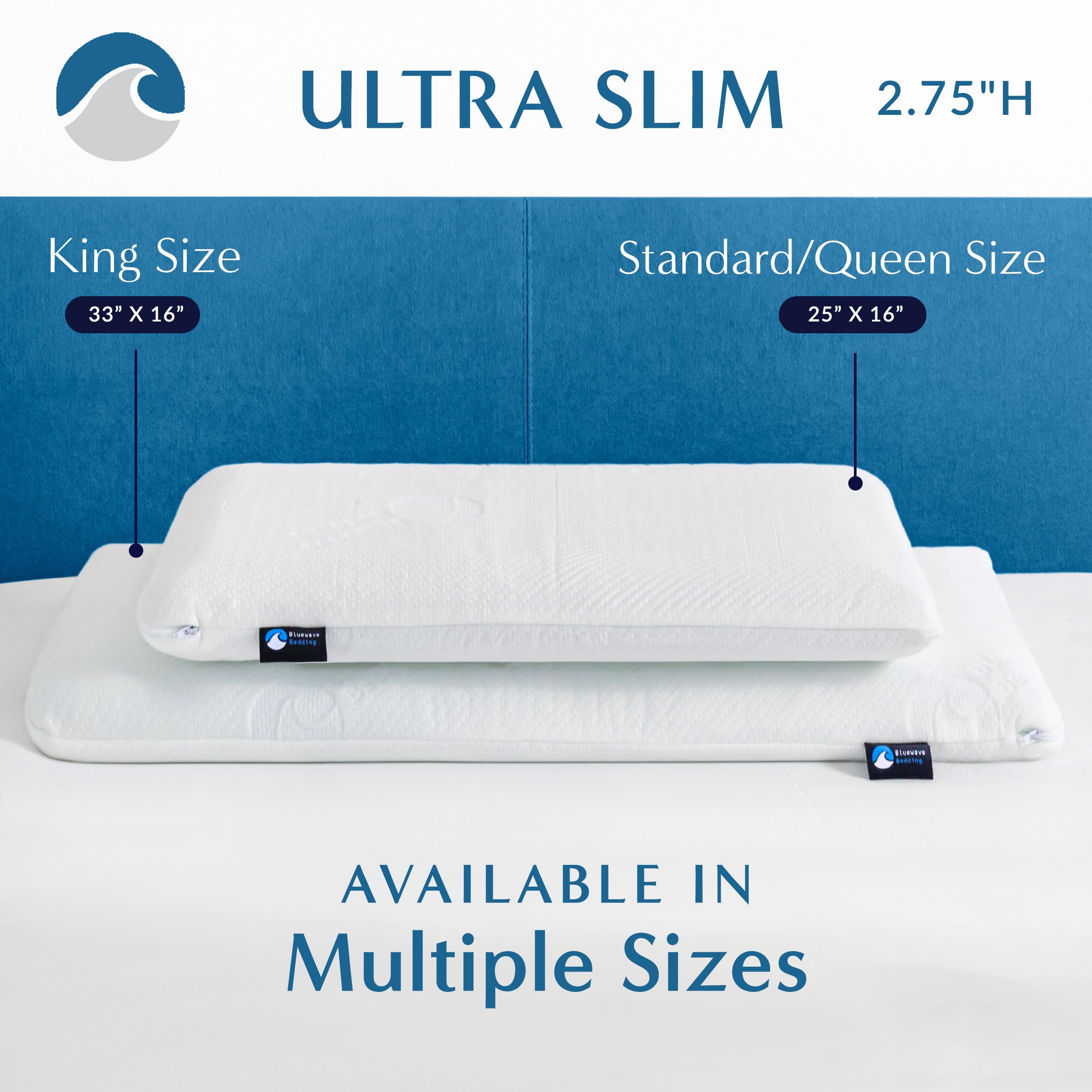 Low-profile 2.75-inch Bluewave pillow highlights compact design for stomach sleepers