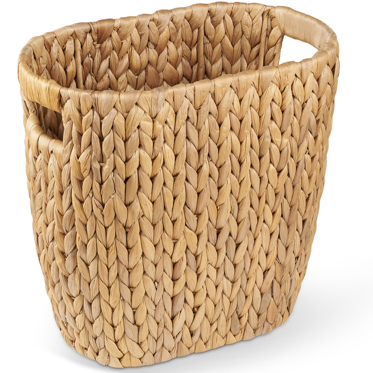 BLUEWEST 3.5 gallon wicker trash bin demonstrates compact storage.