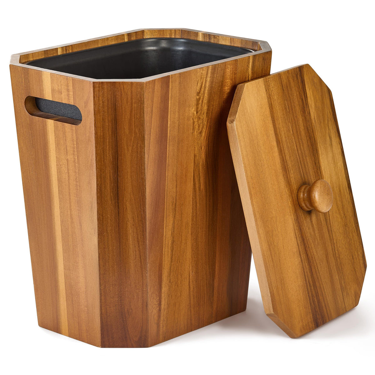 BLUEWEST acacia wastebasket with lid displaying natural grain and odor containment