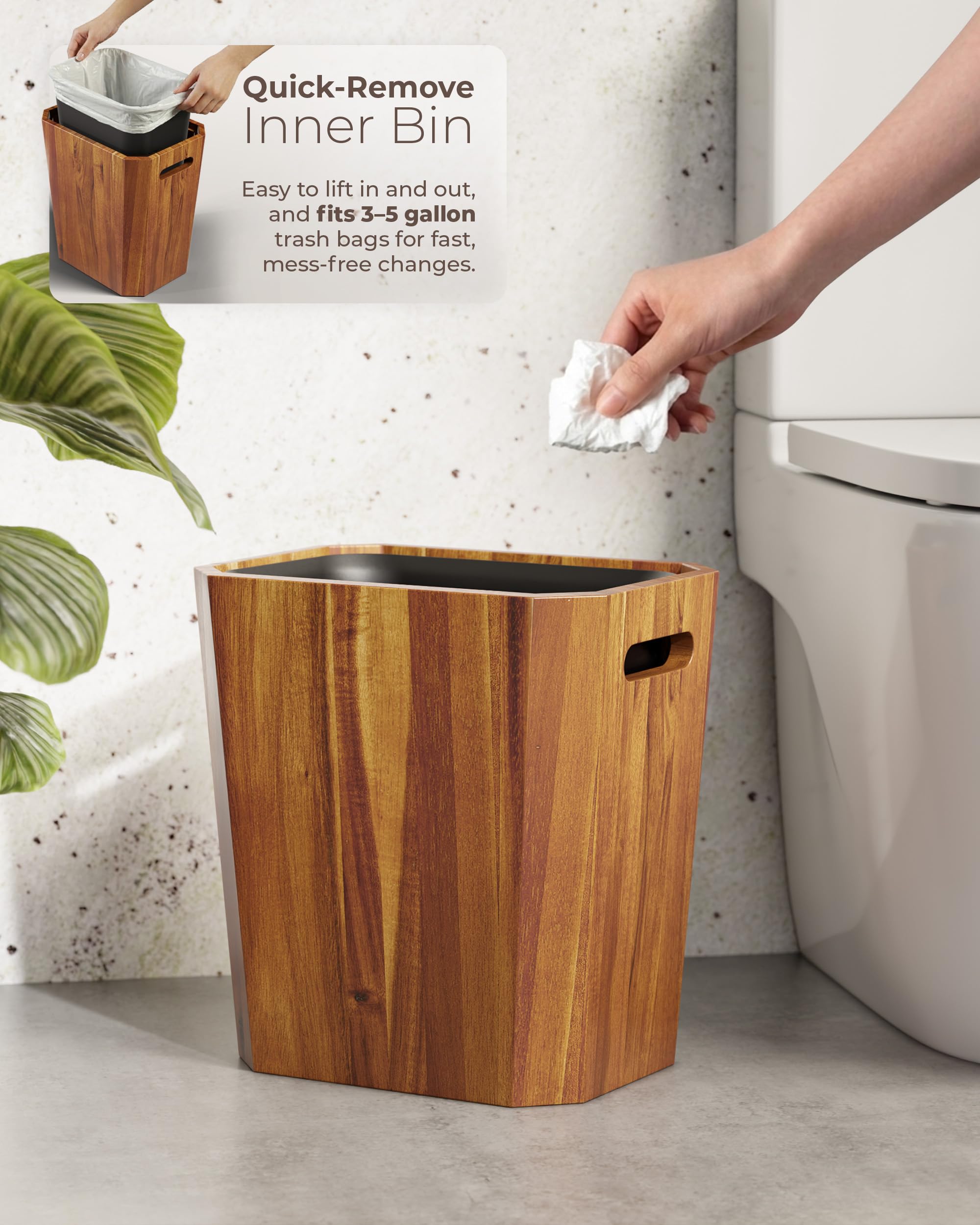 BLUEWEST acacia wastebasket odor-blocking lid conceals waste