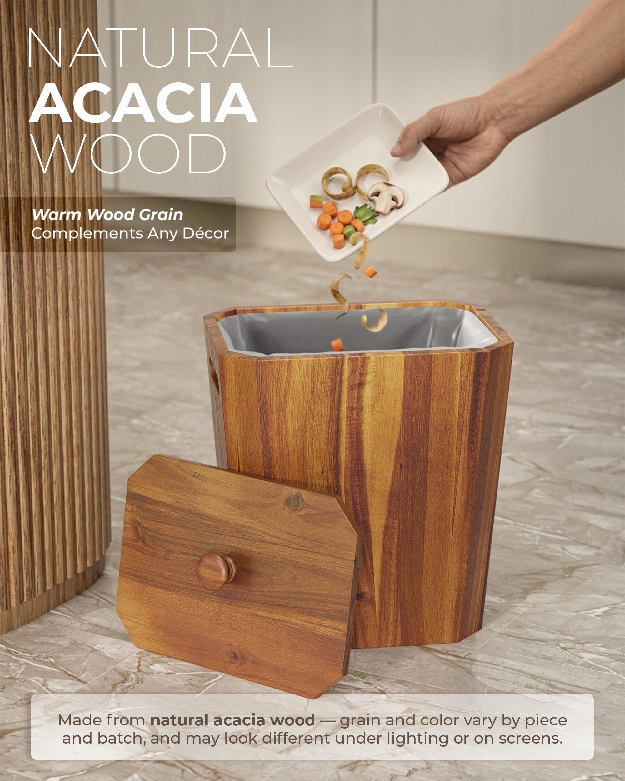 BLUEWEST acacia wood bin close-up highlights durable craftsmanship