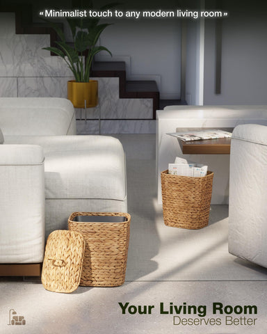 Bluewest bathroom-ready wastebasket with liner and ventilation note.