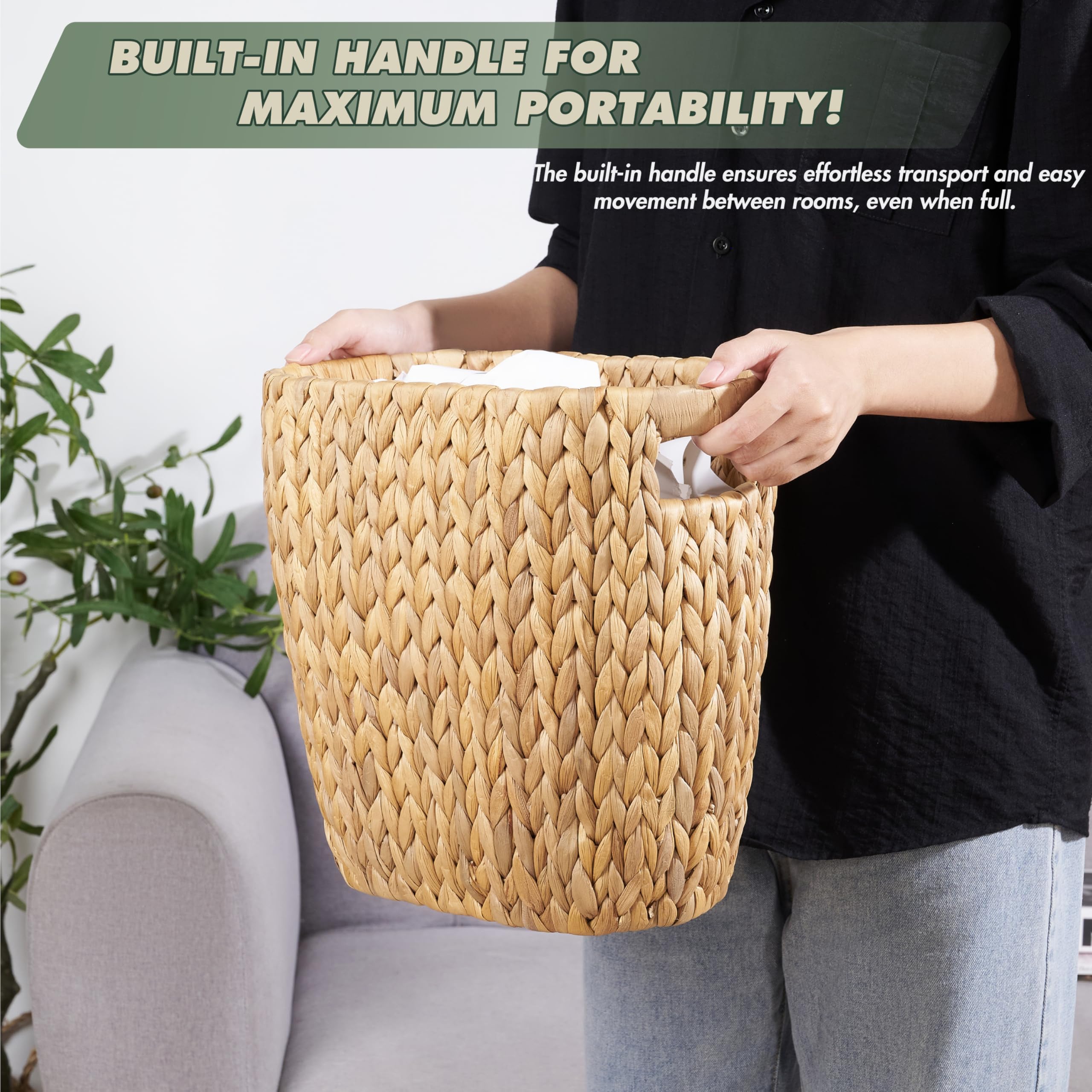 BLUEWEST handwoven hyacinth waste bin adds natural texture to any space.