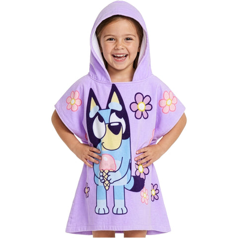 Bluey hooded towel in purple for kids, ideal for poolside drying after swimming.