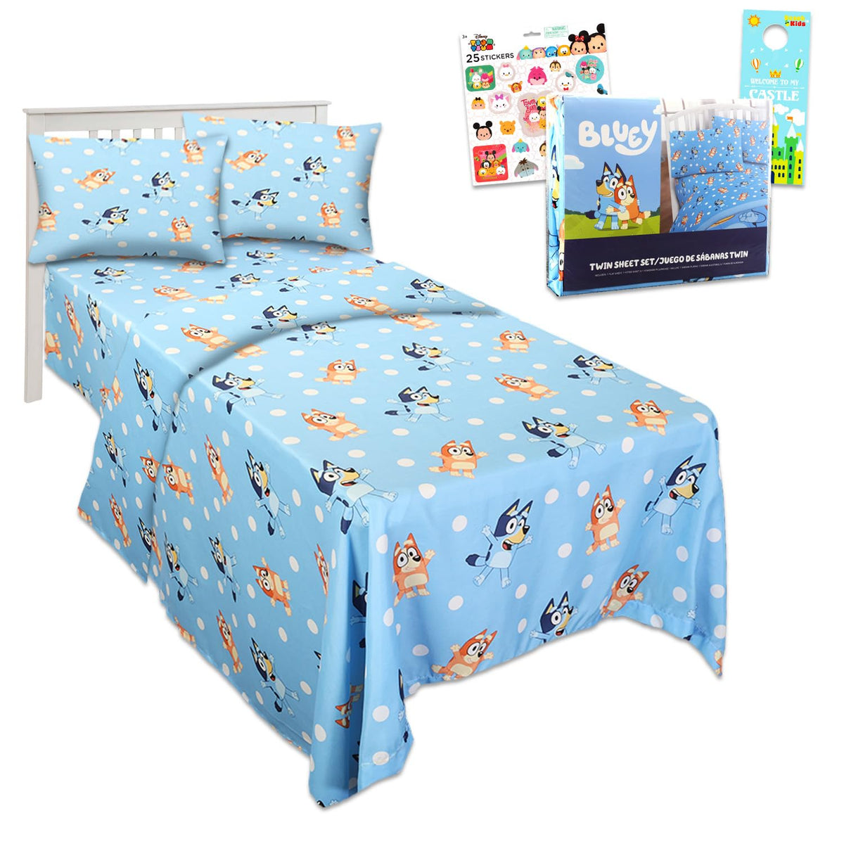 Bluey Twin Bedding Set with sheets, pillowcase, and stickers for sleep-ready fun.