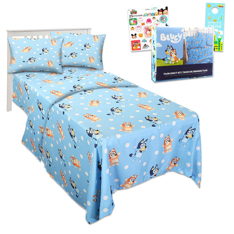 Bluey Twin Bedding Set with sheets, pillowcase, and stickers for sleep-ready fun.